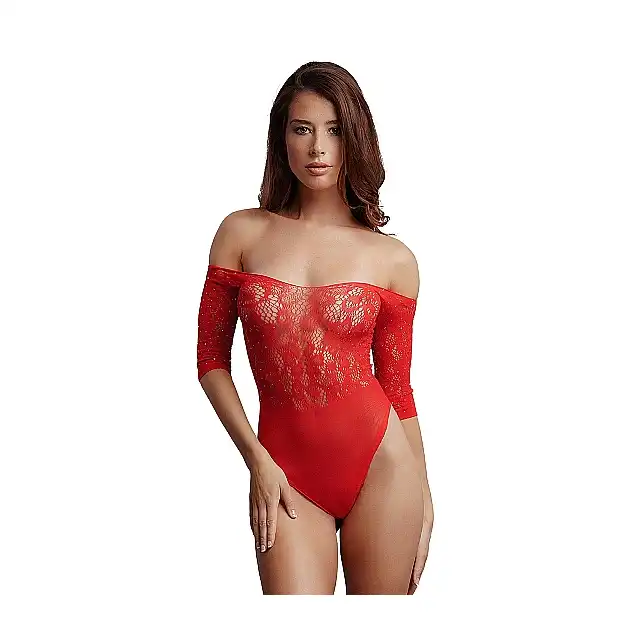 Le Desir - Rhinestone Teddy O/S. Czerwone zmysłowe body z rękawami 3/4