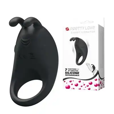 Pretty Love - Love Rabbit Vibrator Ring USB. Czarny silikonowy ring z 7 trybami wibracji. W kształcie króliczka