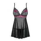 Obsessive - Tulia babydoll i stringi L/XL. Zmysłowa koszulka z intensywnie różowym ozdobnikiem