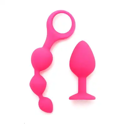 Rimba - Barcelona Anal Play Set. Dwuczęściowy zestaw z plugiem i koralikami. Bardzo gładki silikon