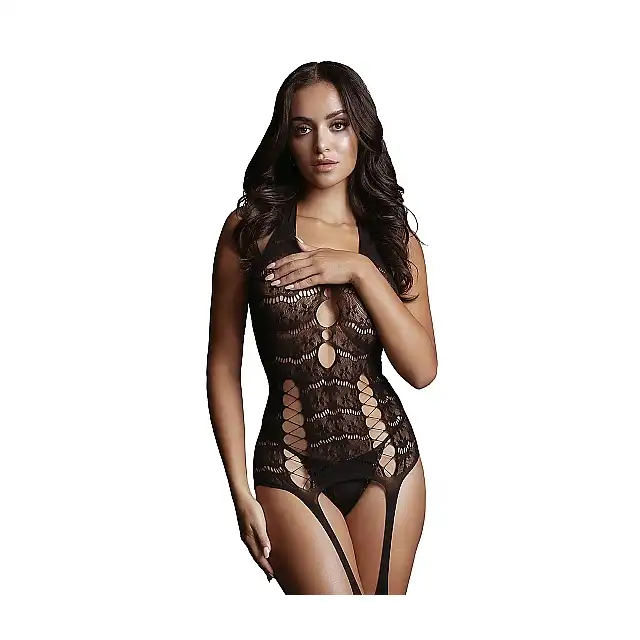 Le Desir - Lace Suspender O/S. Seksowny i elegancki czarny bodystocking 