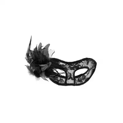 Concorde - Masque La Traviata Noir. Czarna zmysłowa maska z kwiatową koronką. Aplikacja z tiulu i piór