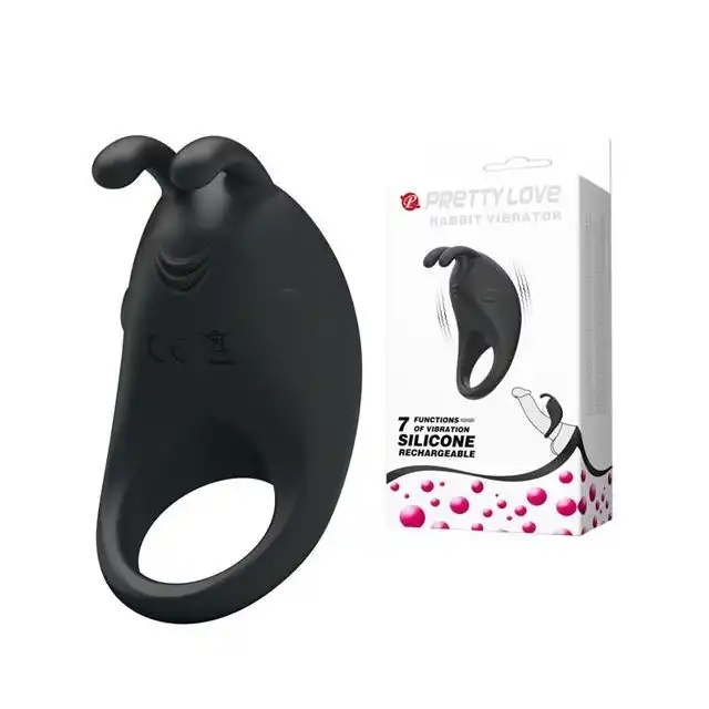 Pretty Love - Love Rabbit Vibrator Ring USB. Czarny silikonowy ring z 7 trybami wibracji. W kształcie króliczka