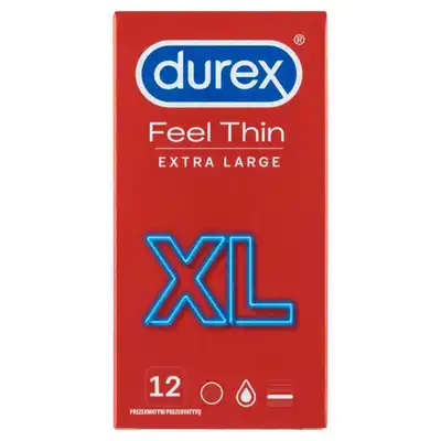 Durex - Feel Thin XL 12 szt. Prezerwatywy powiększane o średnicy 57 mm. Nawilżane silikonowym lubrykantem 