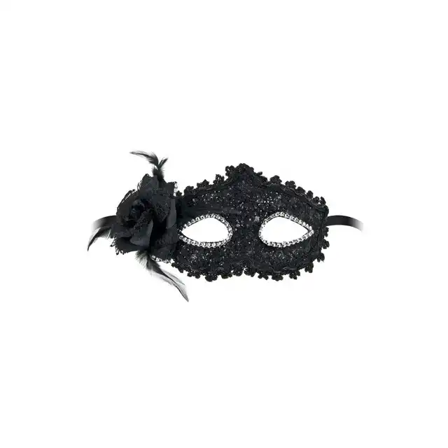 Concorde - Masque Bella Figura - czarna zmysłowa maska z cekinami i różą