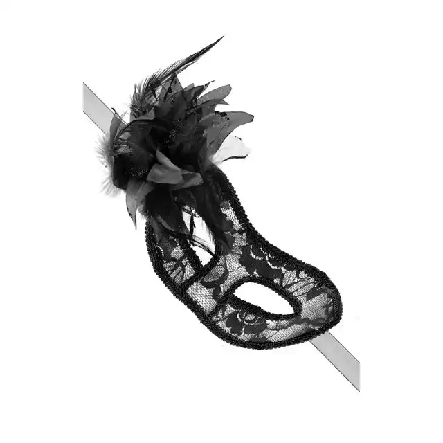 Concorde - Masque La Traviata Noir. Czarna zmysłowa maska z kwiatową koronką. Aplikacja z tiulu i piór