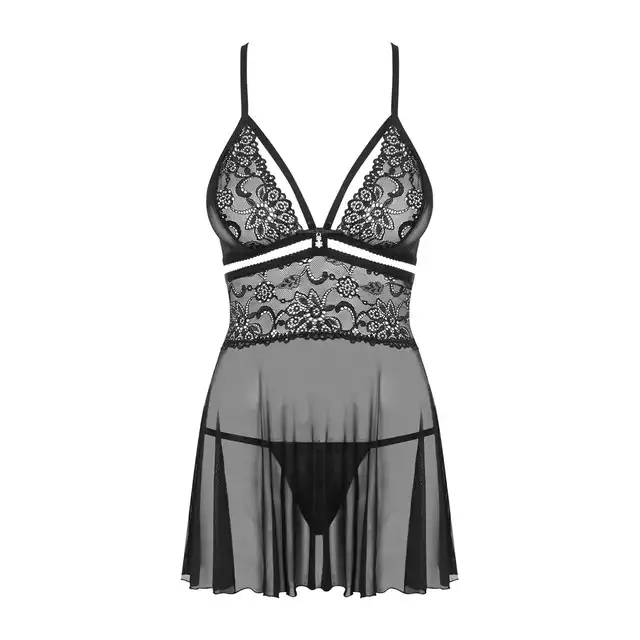 Obsessive - 838-BAB-1 babydoll i stringi czarna L/XL. Zmysłowa koszulka z rozcięciem pod biustem