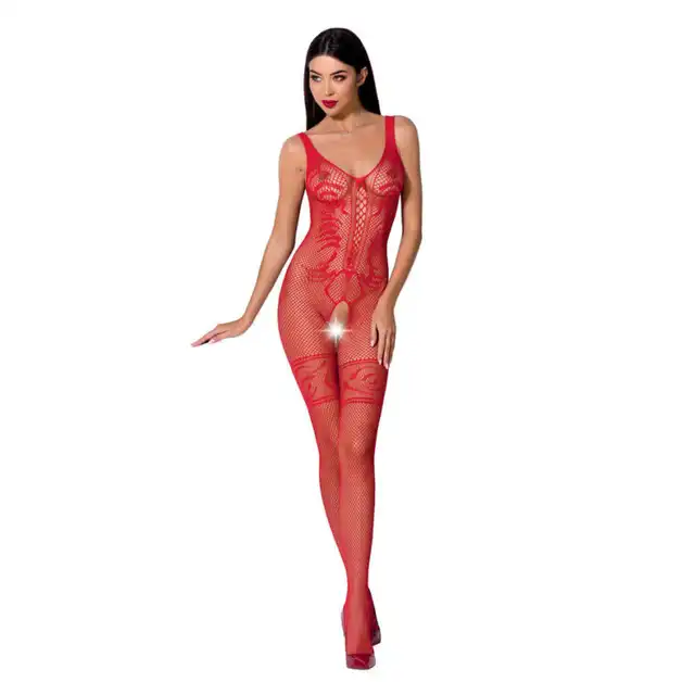 Passion - Śliczny czerwony bodystocking z otwartym krokiem. Rozmiar Uniwersalny. Model BS069