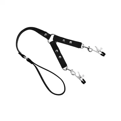 Kiotos - Leather Leash with Nipple Clamp - unikatowa skórzana smycz z klamerkami na sutki