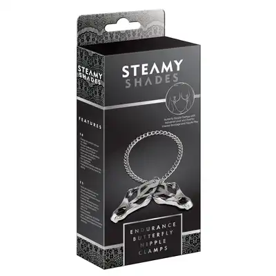 Steamy Shades - Endurance Butterfly Clamps. Metalowe `motylkowe` zaciski na sutki z łańcuszkiem 