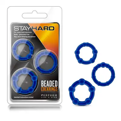 Stay Hard - Beaded Cockrings Blue. 3 pierścienie erekcyjne z kuleczkam
