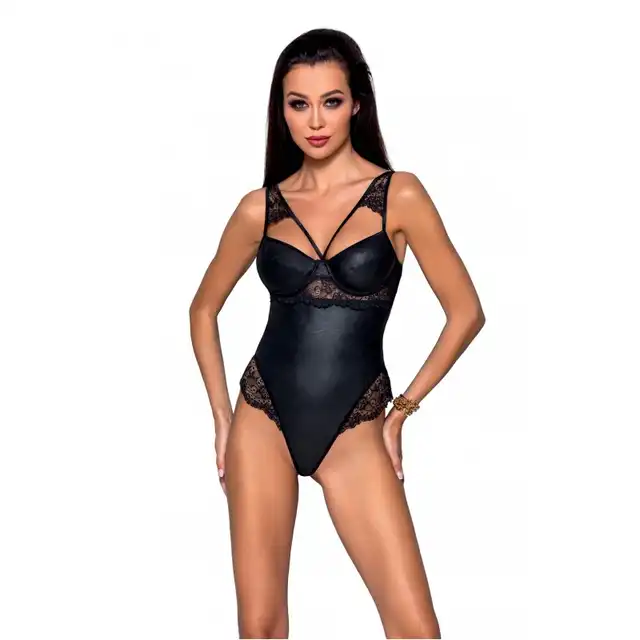 Passion - Loona Body black S/M - seksowne, skórzane body