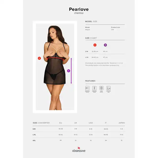 Obsessive - Pearlove koszulka i stringi S/M. Zmysłowa czarna koronka, otwarty biust i białe perełki 