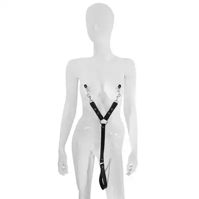 Kiotos - Leather Leash with Nipple Clamp - unikatowa skórzana smycz z klamerkami na sutki