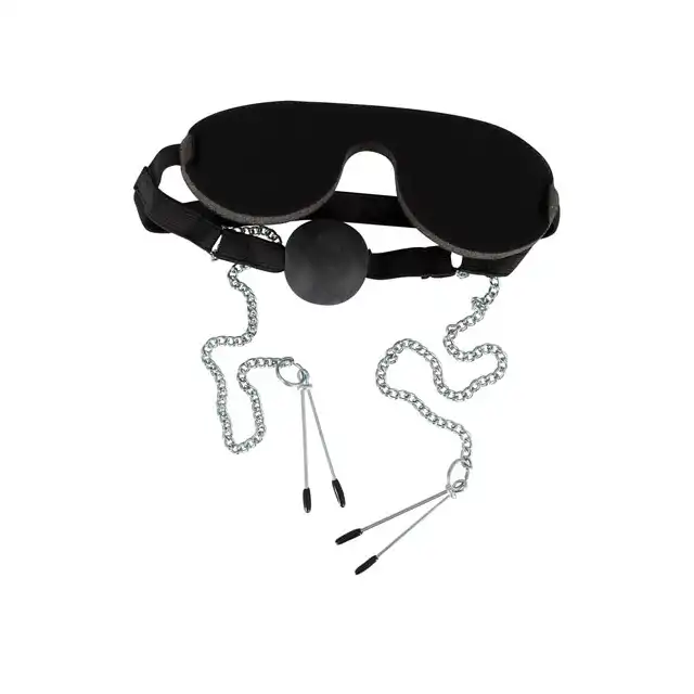 Bad Kitty - Ball Gag with Nipple Clamps &amp; Mask. Zestaw BDSM.
