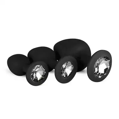 Silicone Buttplug Set with Diamond - Black - Zestaw 3 szt aksamitnych wtyczek z kryształkiem