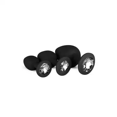 Silicone Buttplug Set with Diamond - Black - Zestaw 3 szt aksamitnych wtyczek z kryształkiem