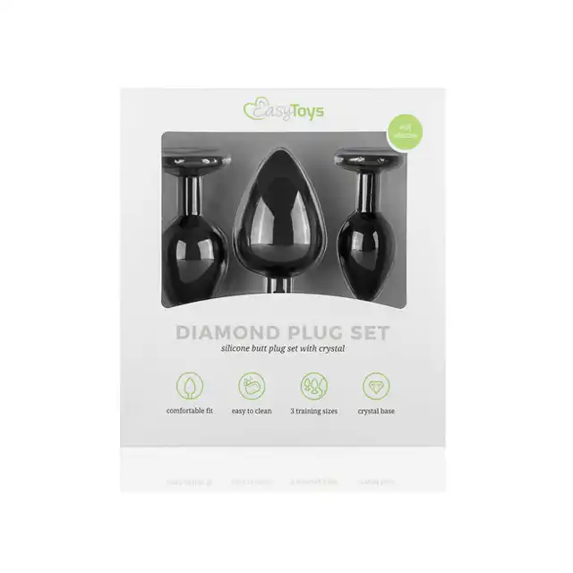 Silicone Buttplug Set with Diamond - Black - Zestaw 3 szt aksamitnych wtyczek z kryształkiem