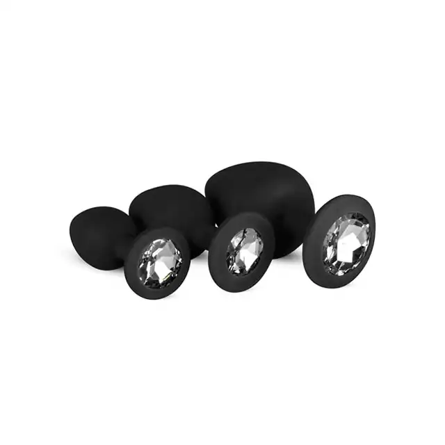 Silicone Buttplug Set with Diamond - Black - Zestaw 3 szt aksamitnych wtyczek z kryształkiem