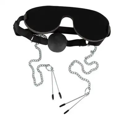 Bad Kitty - Ball Gag with Nipple Clamps &amp; Mask. Zestaw BDSM.