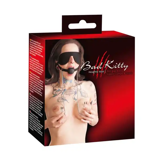 Bad Kitty - Ball Gag with Nipple Clamps &amp; Mask. Zestaw BDSM.
