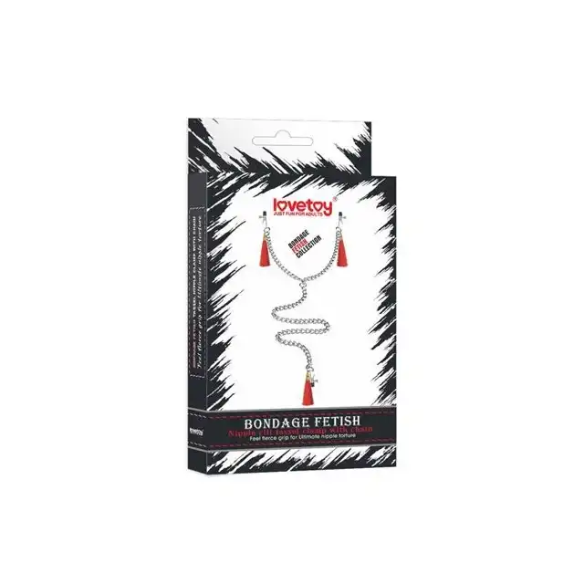  Lovetoy - Nipple Clit Tassel Clamp Red. Klamerki na wargi sromowe i sutki z czerwonymi frędzelkami