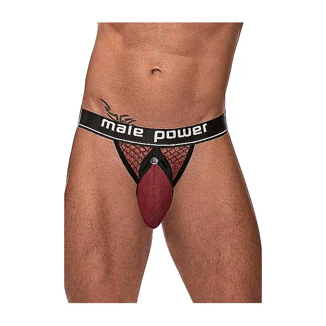 Male Power - Cock Ring Thong L/XL - Wyjątkowe majtki odkrytymi pośladkami, ringiem i odpinanym woreczkiem na penisa