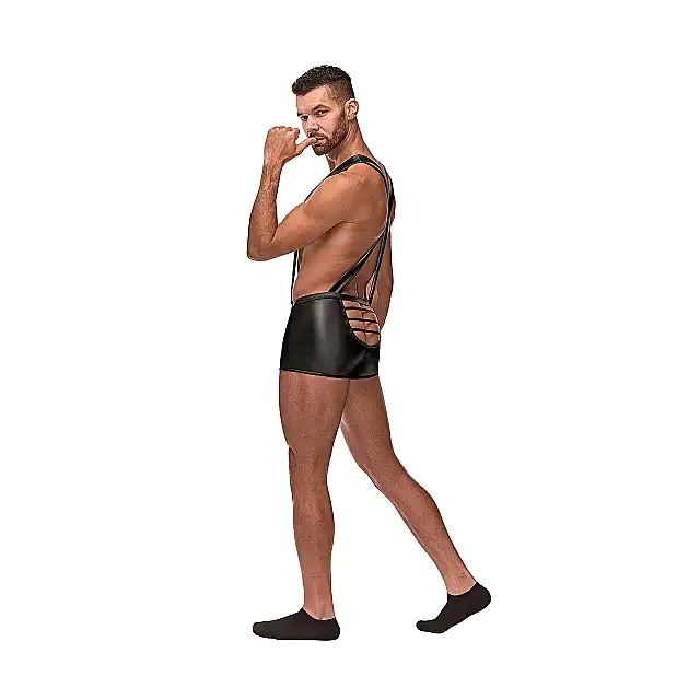 Male Power - Cage Back Singlet L/XL - Szorty na szelkach z paskami podkreślającymi pośladki