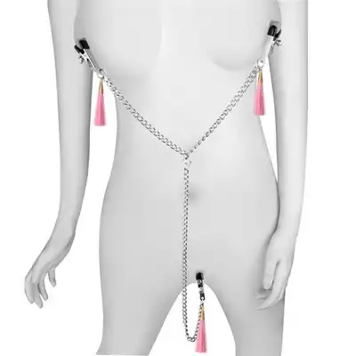 LoveToy - Nipple Clit Tassel Clamp Pink - klamerki na sutki i wargi sromowe z różowym ogonkiem 