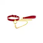 Taboom - O-Ring Collar and Chain Leash - ekskluzywna, czerwona obroża ze złotą, łańcuszkową smyczą 