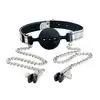 Lovetoys Ballgag and nipple clamp - Oddychający knebel na srebrnym pasku z zaciskami na sutki