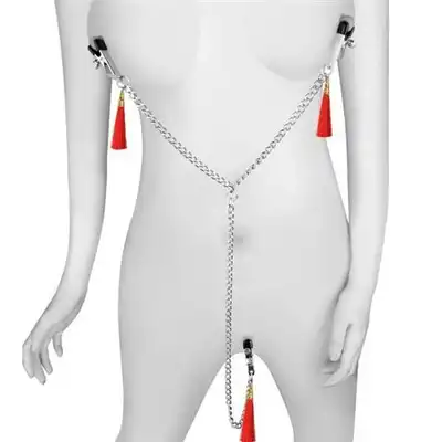  Lovetoy - Nipple Clit Tassel Clamp Red. Klamerki na wargi sromowe i sutki z czerwonymi frędzelkami