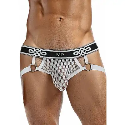 Male Power - Jock Ring L/XL  white - Biało-czarne stringi z elastycznej siatki eksponujące pośladki