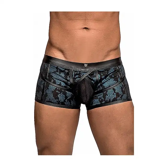 Male Power - Pouch Short L - Pełne szorty z wykończeniem imitującym skórę i intrygującym nadrukiem