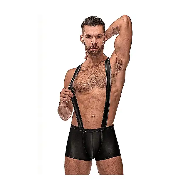 Male Power - Cage Back Singlet L/XL - Szorty na szelkach z paskami podkreślającymi pośladki