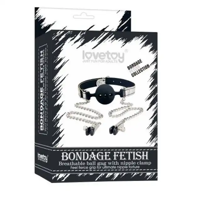 Lovetoys Ballgag and nipple clamp - Oddychający knebel na srebrnym pasku z zaciskami na sutki