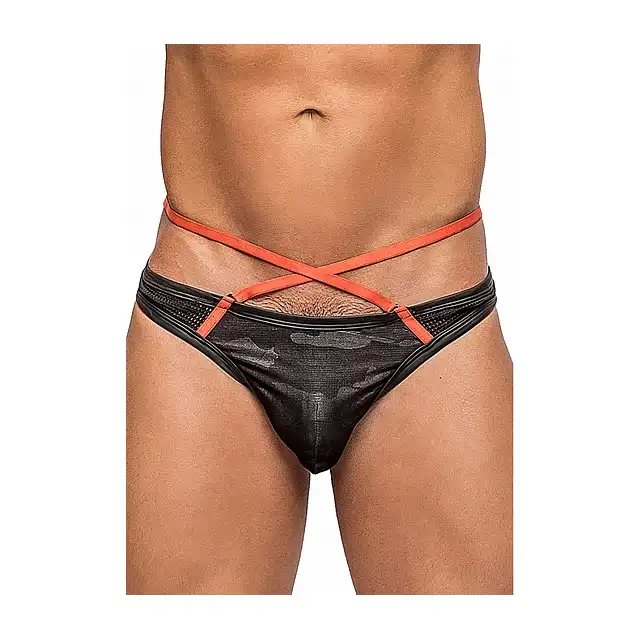 Male Power - Sport Strap Thong L/XL - Stringi męskie z materiału imitującego skórę z odpinanymi paskami podkreślającymi biodra