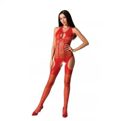 Passion - PASBS079RED. Bodystocking z otwartym krokiem. Czerwony kolor, rozmiar uniwersalny.