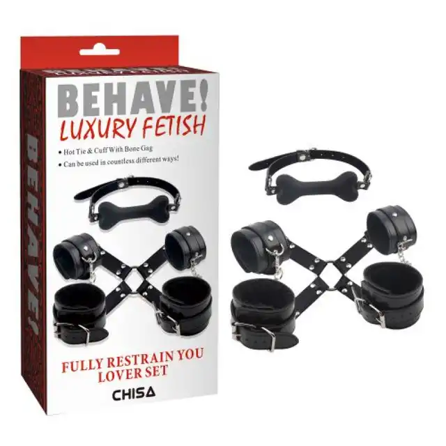 Behave - Fully Restrain Lover Set - Zestaw kajdanek połączonych krzyżowo i knebel w kształcie kości do sesji dominacji