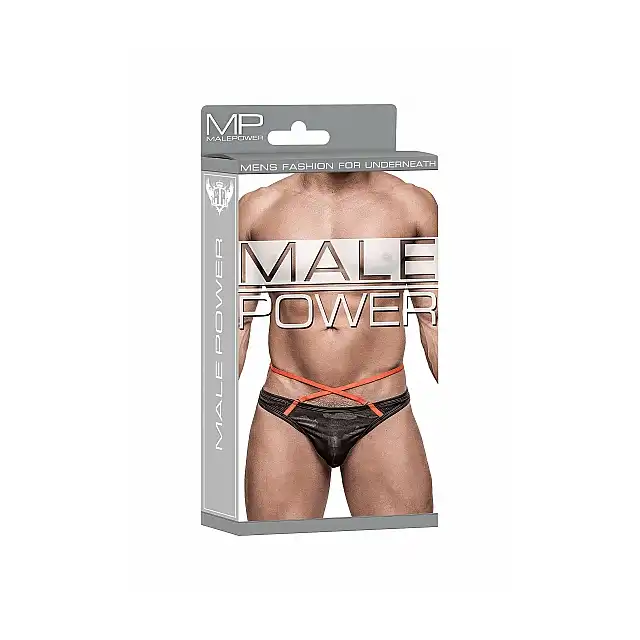 Male Power - Sport Strap Thong L/XL - Stringi męskie z materiału imitującego skórę z odpinanymi paskami podkreślającymi biodra