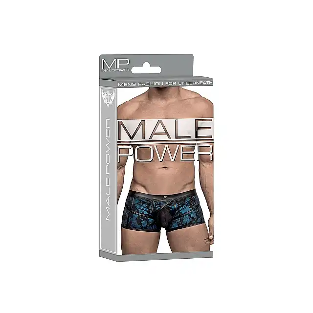 Male Power - Pouch Short L - Pełne szorty z wykończeniem imitującym skórę i intrygującym nadrukiem