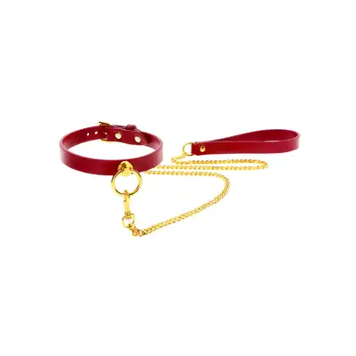 Taboom - O-Ring Collar and Chain Leash - ekskluzywna, czerwona obroża ze złotą, łańcuszkową smyczą 