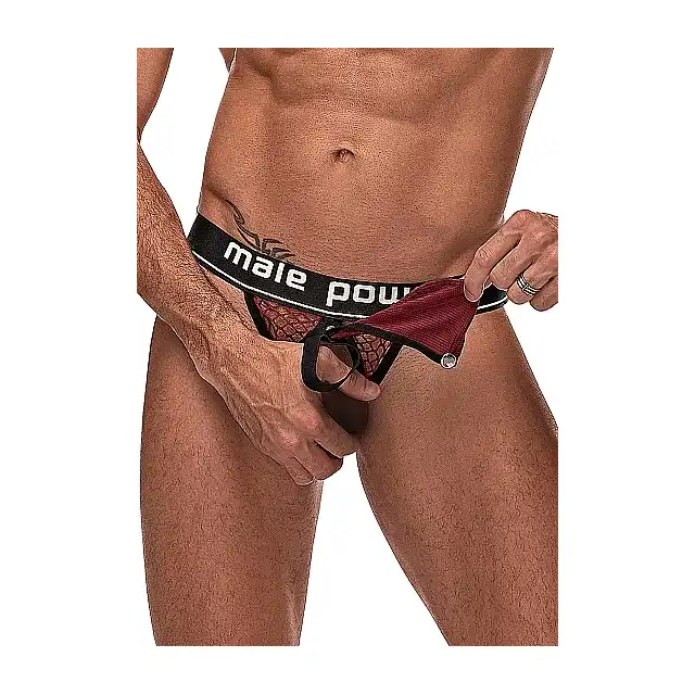 Male Power - Cock Ring Thong L/XL - Wyjątkowe majtki odkrytymi pośladkami, ringiem i odpinanym woreczkiem na penisa