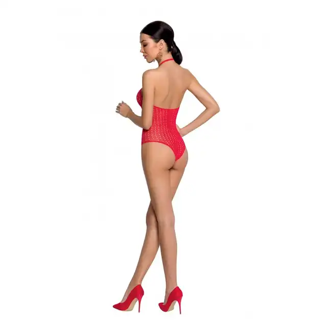 Passion - BS088RED. Bodystocking z otwartym krokiem. Czerwony kolor, rozmiar uniwersalny.