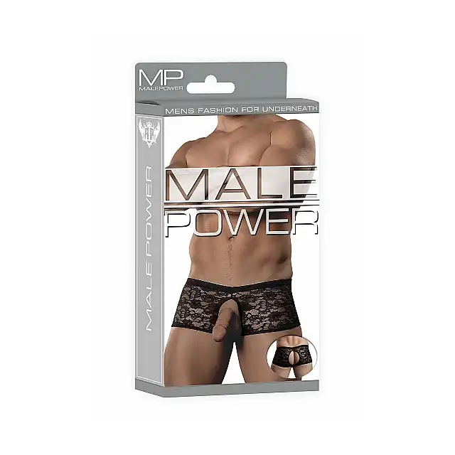 Male Power - Double Pleasure L/XL - Koronkowe szorty męskie z otwartym krokiem