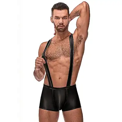 Male Power - Cage Back Singlet L/XL - Szorty na szelkach z paskami podkreślającymi pośladki