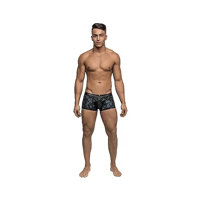 Male Power - Pouch Short L - Pełne szorty z wykończeniem imitującym skórę i intrygującym nadrukiem