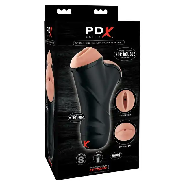 PDX- Double Penetration Vibrating Stroker - Masturbator z dwoma otworami z materiału imitującego skórę. Cudowne doznania dla Niego! 