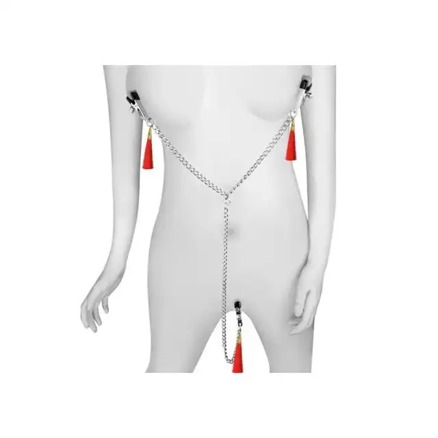  Lovetoy - Nipple Clit Tassel Clamp Red. Klamerki na wargi sromowe i sutki z czerwonymi frędzelkami