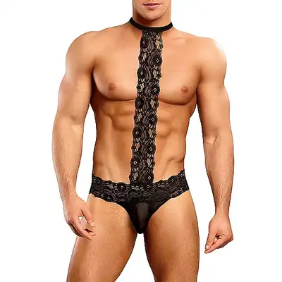 Male Power - Choker Thong L/XL - Stringi połączone z chokerem grubą koronką